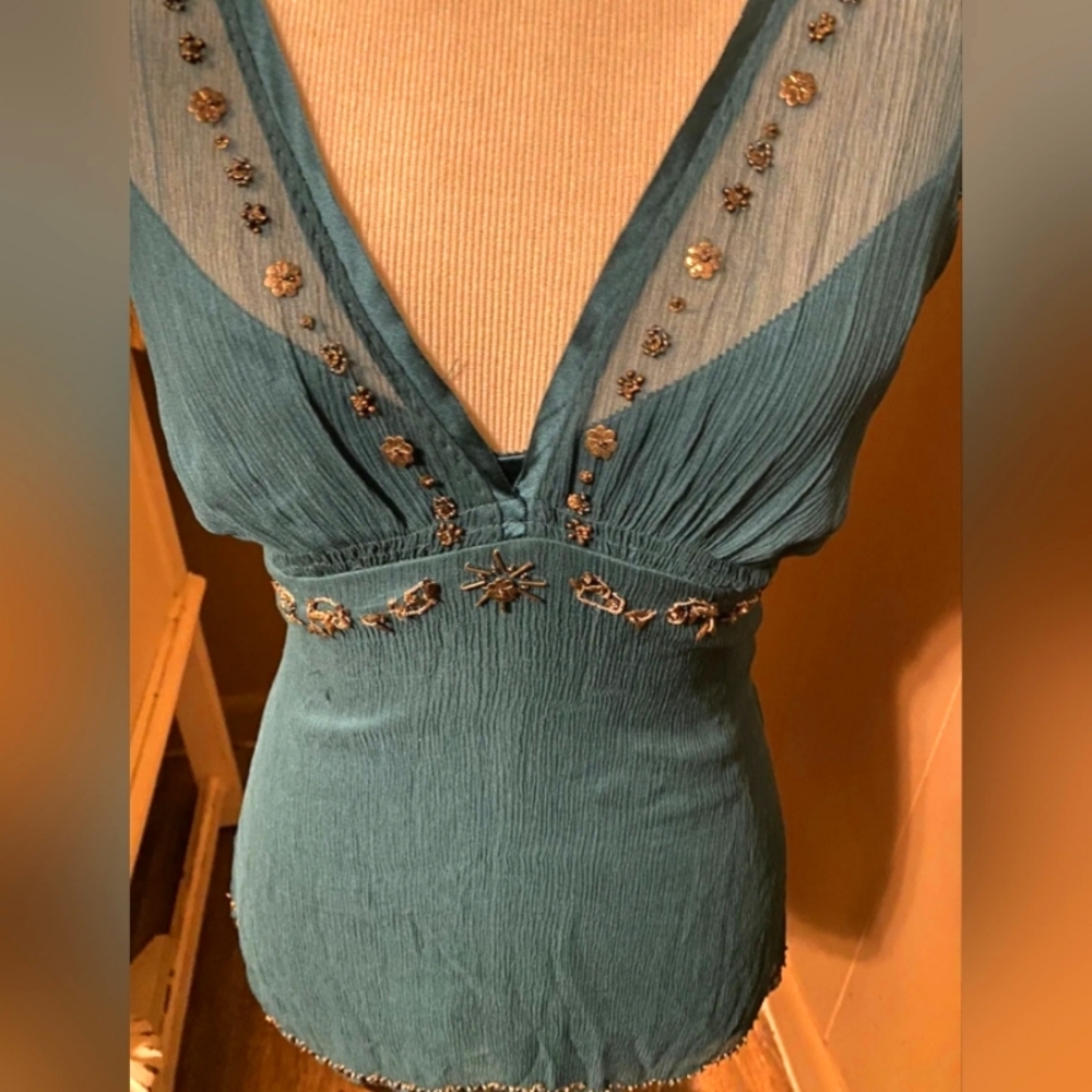 Elie Tahari Turquoise Yasmine Blouse Silk Hand Beaded W/ Malachite Medium